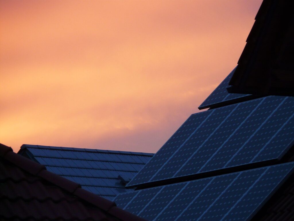 solar cells, house, roof, sunset, afterglow, technology, solar power, environmentally friendly, power generation, nature, ecology, energy